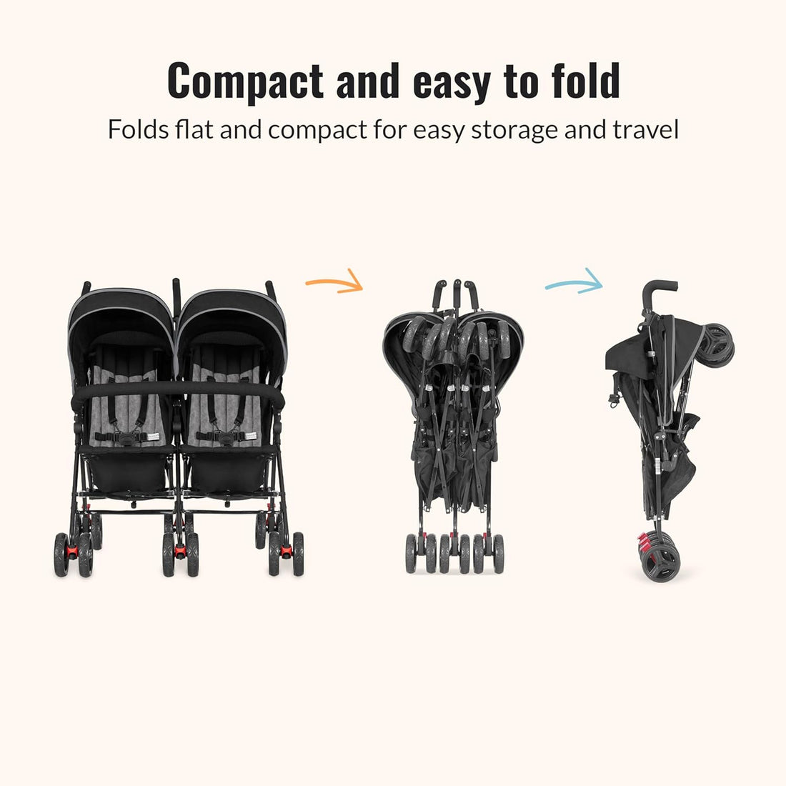 Twin Umbrella Stroller in Black, Lightweight Double Stroller for Infant & Toddler, Compact Easy Fold, Large Storage Basket, Large and Adjustable Canopy