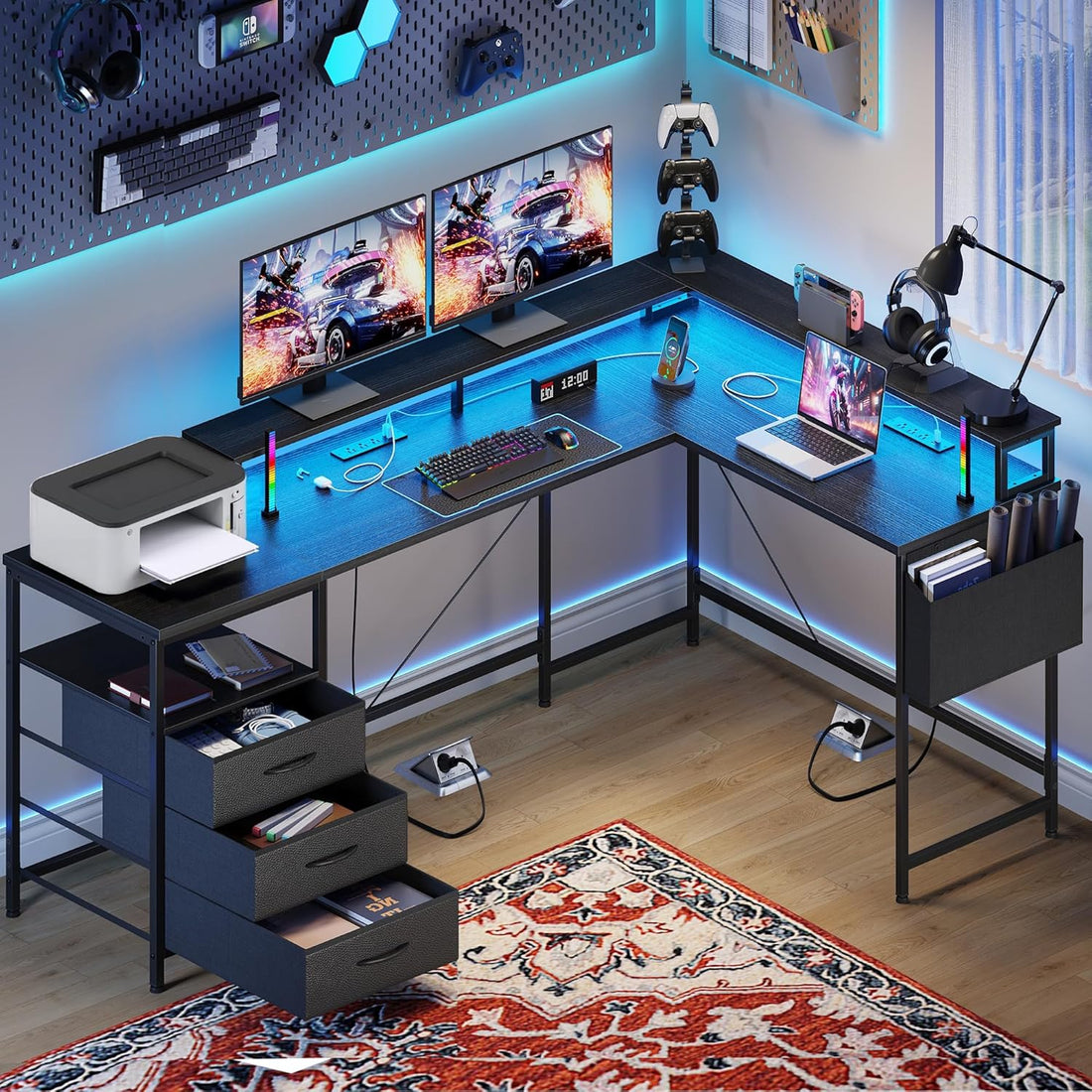 3 Drawers L Shaped Desk 63 Inch, 2 Power Strips (6 AC) and LED, Large Gaming Desk & 2 Monitor Stands, L Shape Computer Desk, Stable and Sturdy Home Office Desk, Fabric Drawers, Black