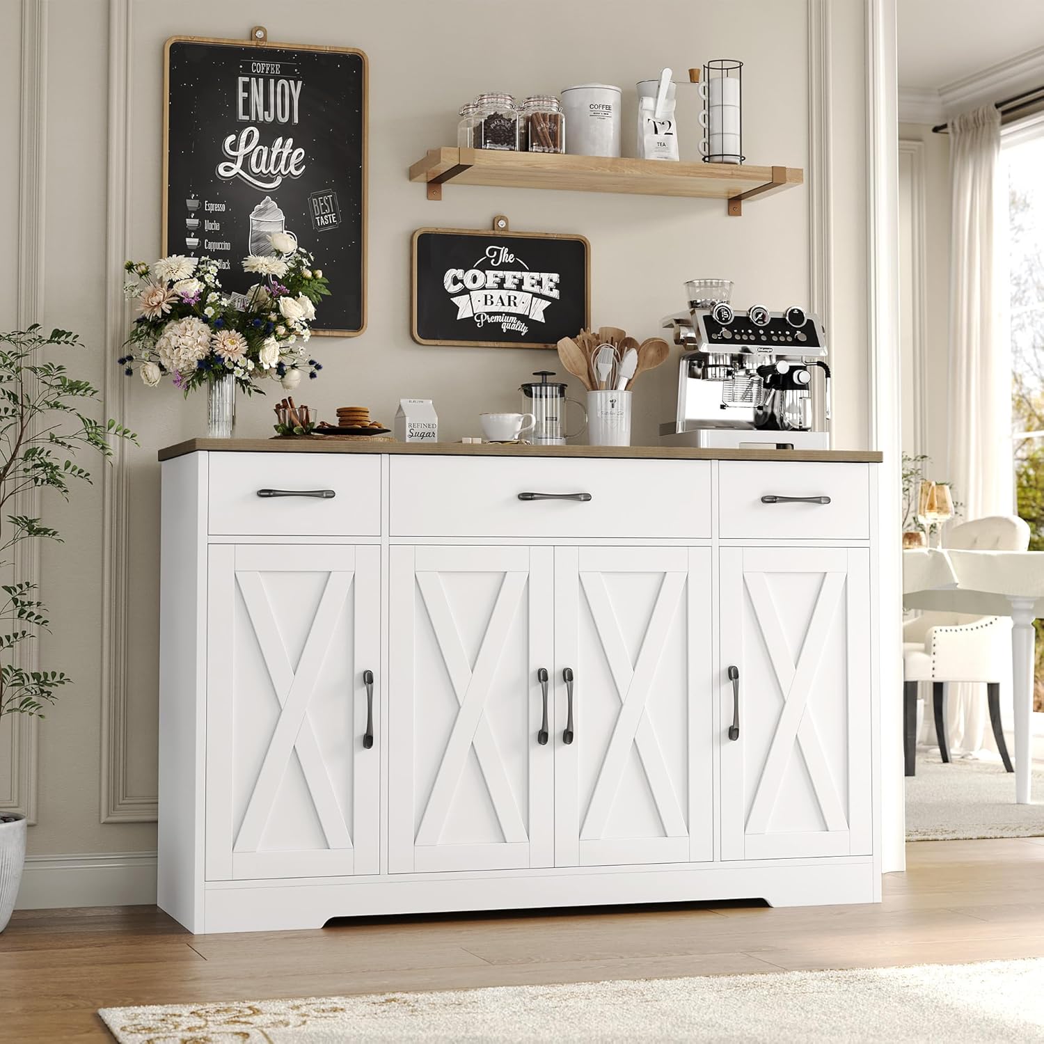 Drawer-equipped buffet-style cabinet, 55-inch large side cabinet-style storage unit with shelves and 4 doors, modern country-style coffee bar-style cabinet, wooden kitchen and dining room storage unit, white/rustic style