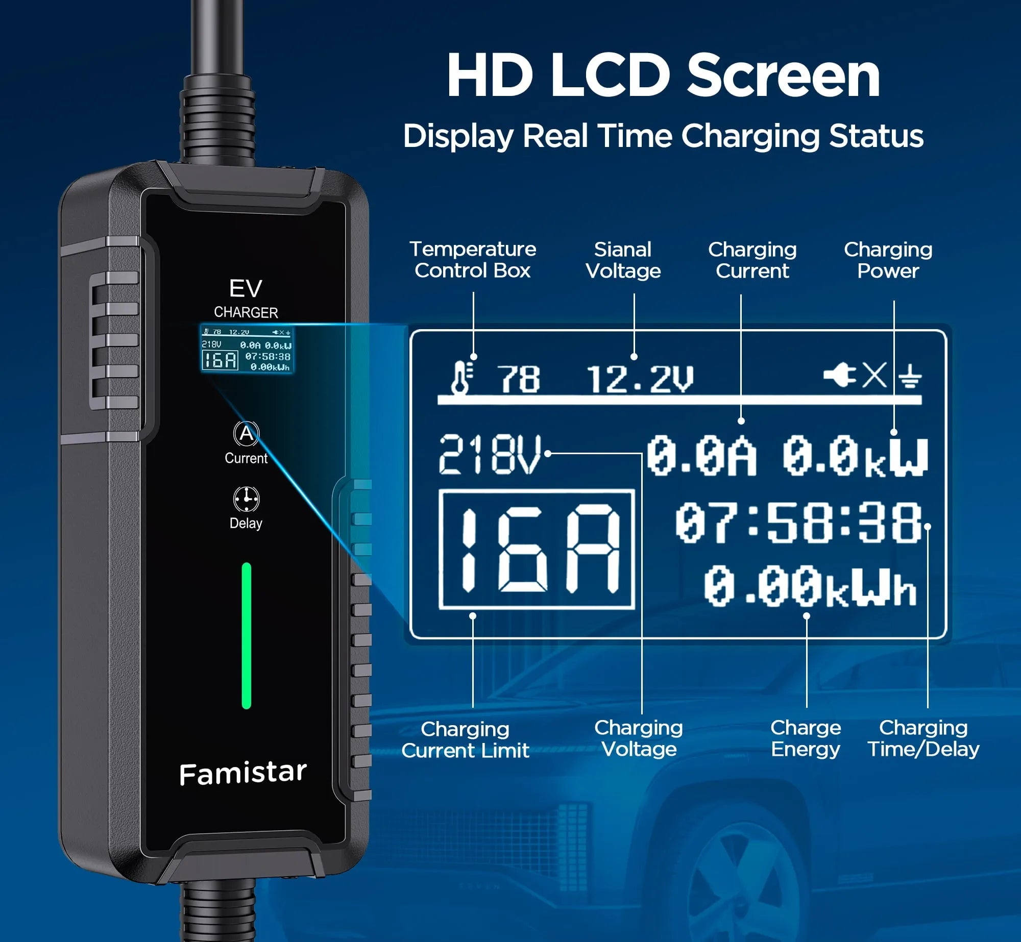 Level 2 & Level 1 EV Charger, 16Amp 110-240V Portable J1772 Electric Car Charger with Adjustable Amp Delayed Timer 25ft Long Cord