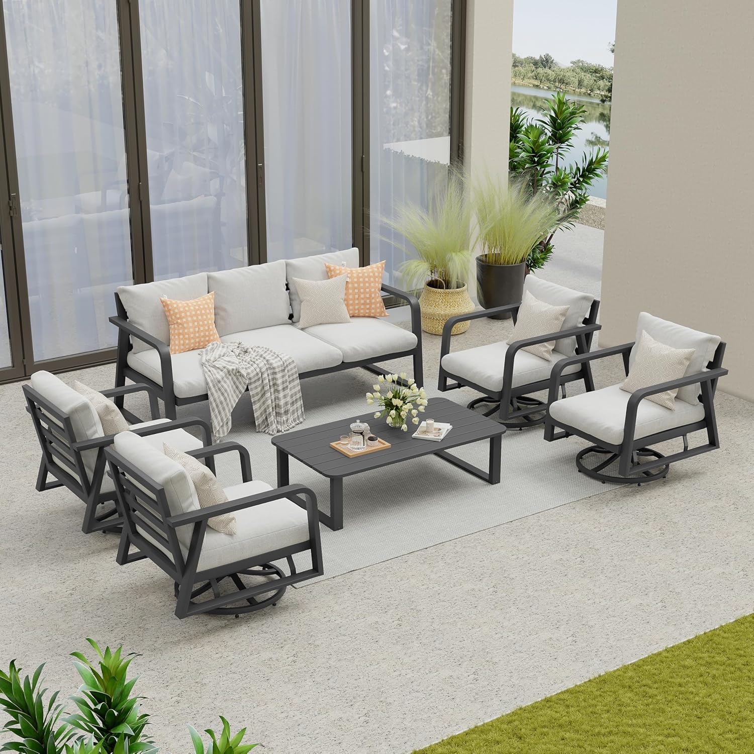 Outdoor Patio Furniture Set 4-Piece, Aluminum Swivel Rocking Chairs with All-Weather Cushions, Modern Patio Conversation Set for Deck, Porch, Garden (Dark Grey)