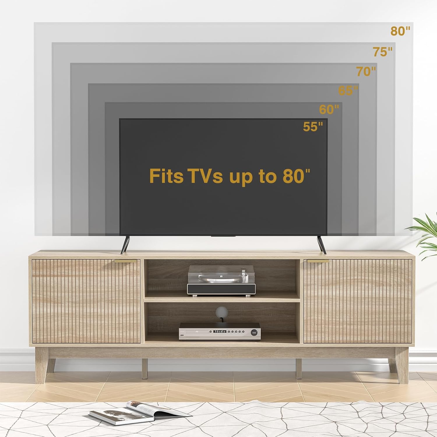 70" TV Stand for Living Room, Fluted Mid-Century Modern TV Console for TVs up to 80 inch, Farmhouse Entertainment Center with 2 Storage, Media Console Table for Living Room, Oak