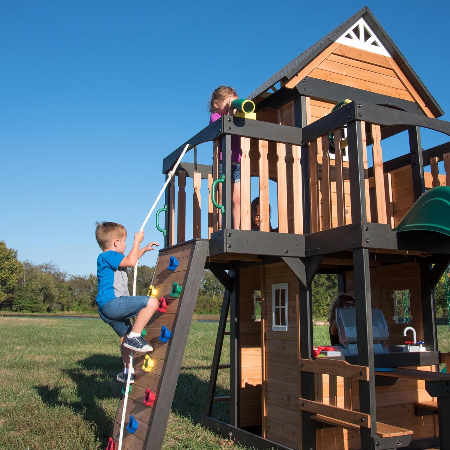 Gorge Creek Pure Pine Swing Set, Playhouse with Barbecue Grill, Plastic Utensils, Picnic Area, Steering Wheel, Double-Padded Swing, Rock Climbing Wall, Balcony, Terrace, Mesh Swing (Green Slide)