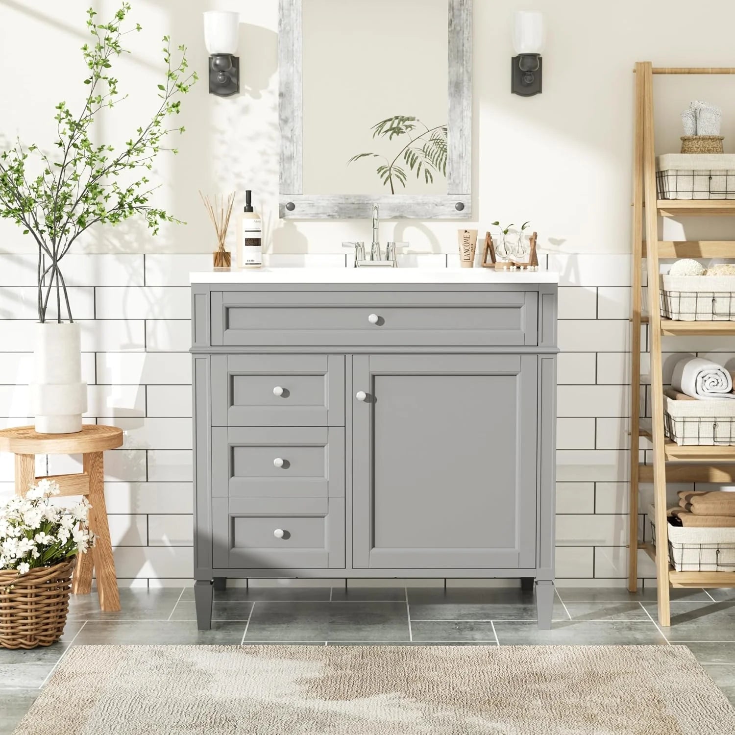 36" Bathroom Vanity with Single Sink Combo, Modern Undermount Bathroom Sink Cabinet with 2 Drawers and a Tip-Out Drawer, Freestanding Bathroom Vanities, Soft Closing, Solid Wood Frame