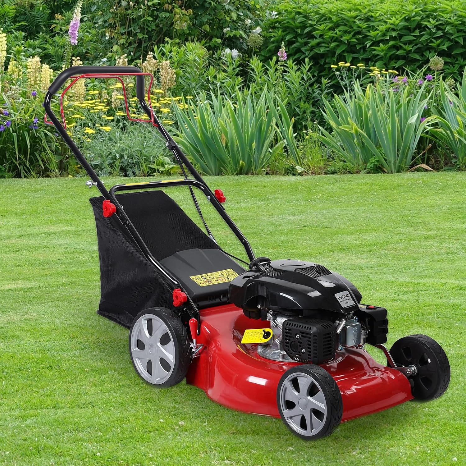 Self-propelled lawn mower, 141cc four-stroke gasoline engine, lawn mower with 20-inch blades, rear-wheel drive, push-type lawn mower, equipped with a 50-liter hay storage tank, rear wheel diameter 10 inches, rotational speed 2850 revolutions per minu