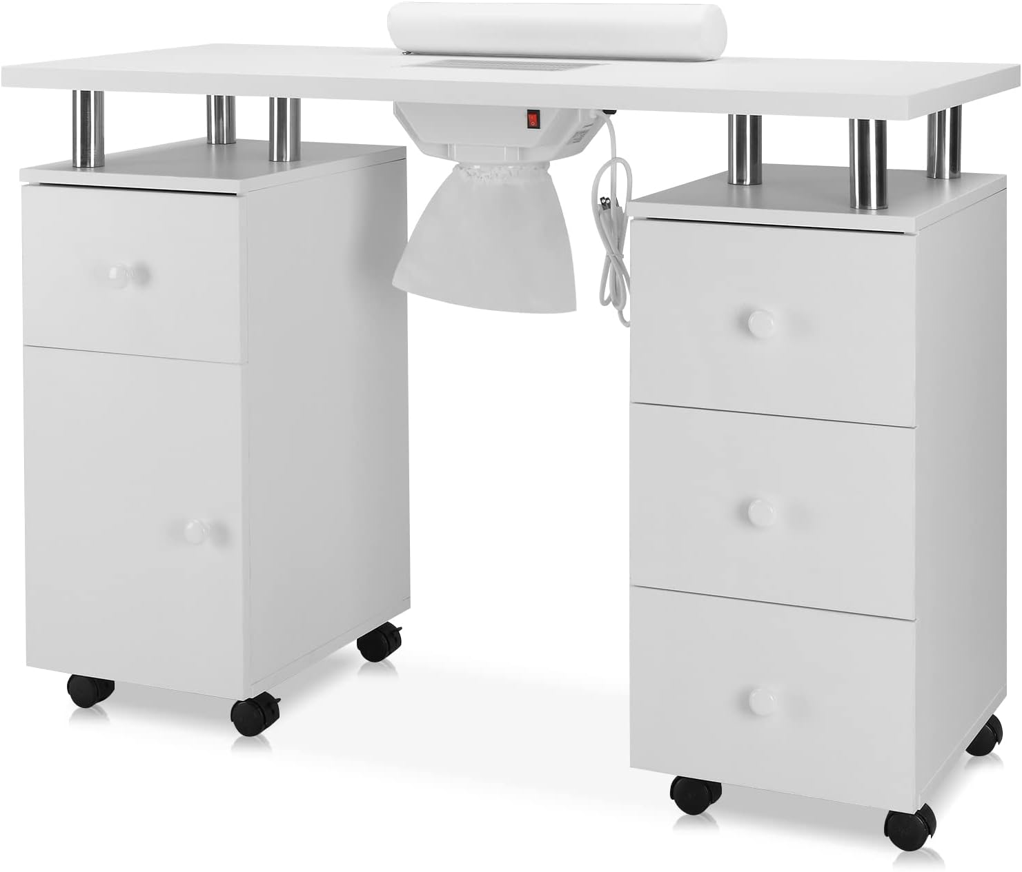 Manicure Table Nail Desk for Nail Tech w/Electric Dust Collector & Wrist Rest, Acetone Resistant Top Beauty Salon Nail Supplies Decor Station w/Lockable Wheels, Cabinet, Drawer (White)