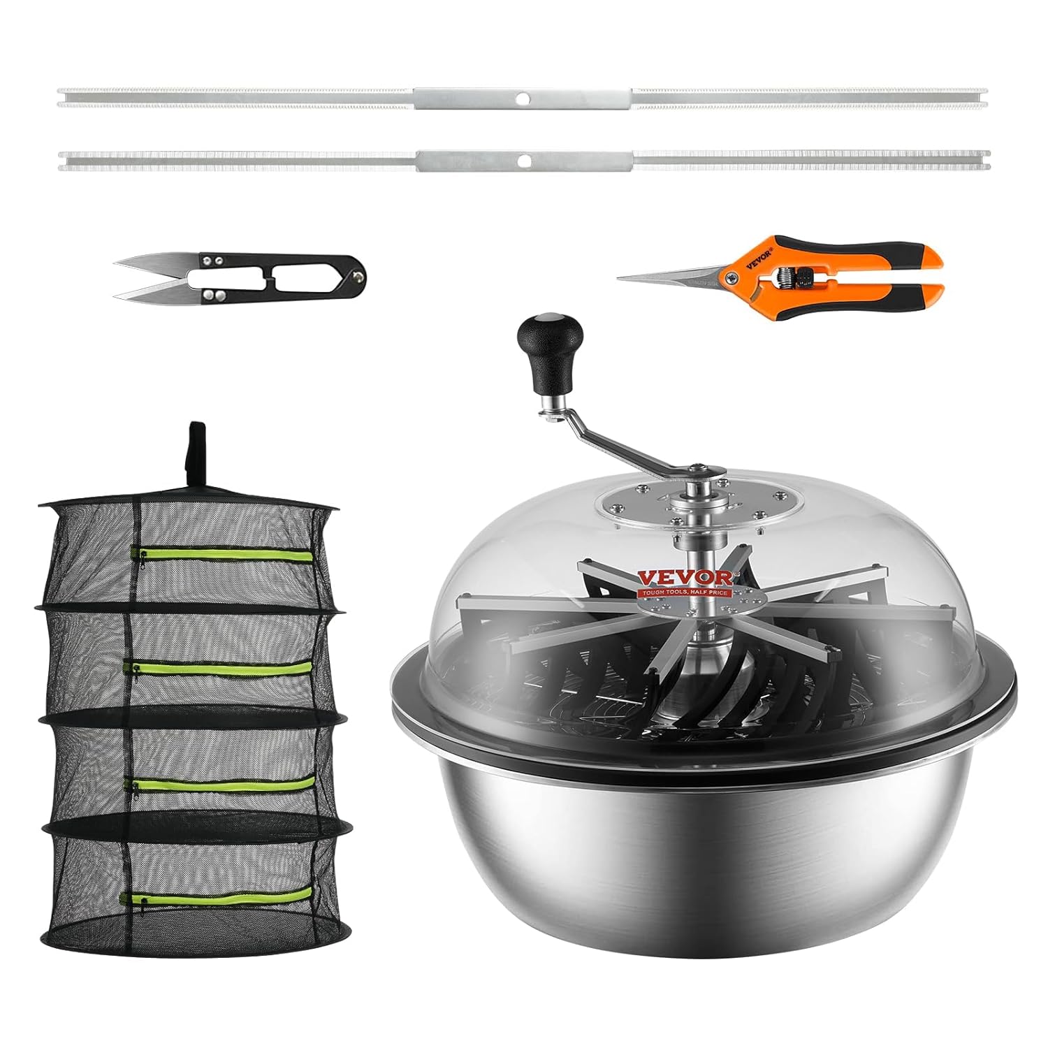 Leaf trimmer, 16-inch trimming bowl, manual flower branch trimmer, equipped with stainless steel blades for rotary trimming, transparent observation cover, foldable herb drying rack and handheld trimmer are all included.