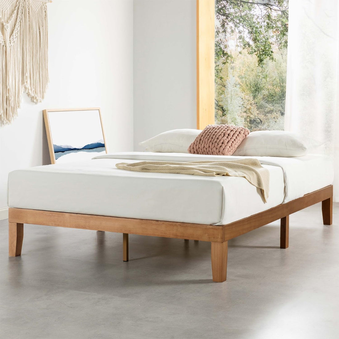 12" Classic Solid Wood Platform Bed Frame w/Wooden Slats (No Box Spring Needed), Natural, Queen Size