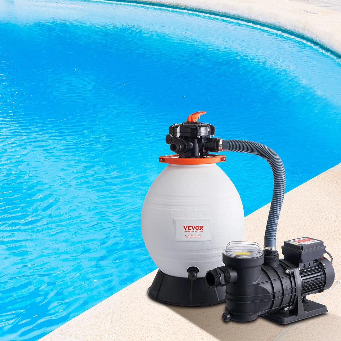 Outdoor swimming pool sand filter pump, 16 inches, 3500 liters/minute, 1 horsepower, swimming pool water pump system and filter kit set, equipped with 6-way multi-interface valve and filter basket, suitable for both household and commercial swimming