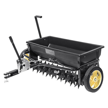 Broadcast seeder, 100-pound tractor-mounted rear polyethylene seeder with 10-inch wheels, equipped with a steel spike weeder, fertilizer spreader, garden seeder and salt spreader, suitable for residences, farms, rough terrain, and black pavement.