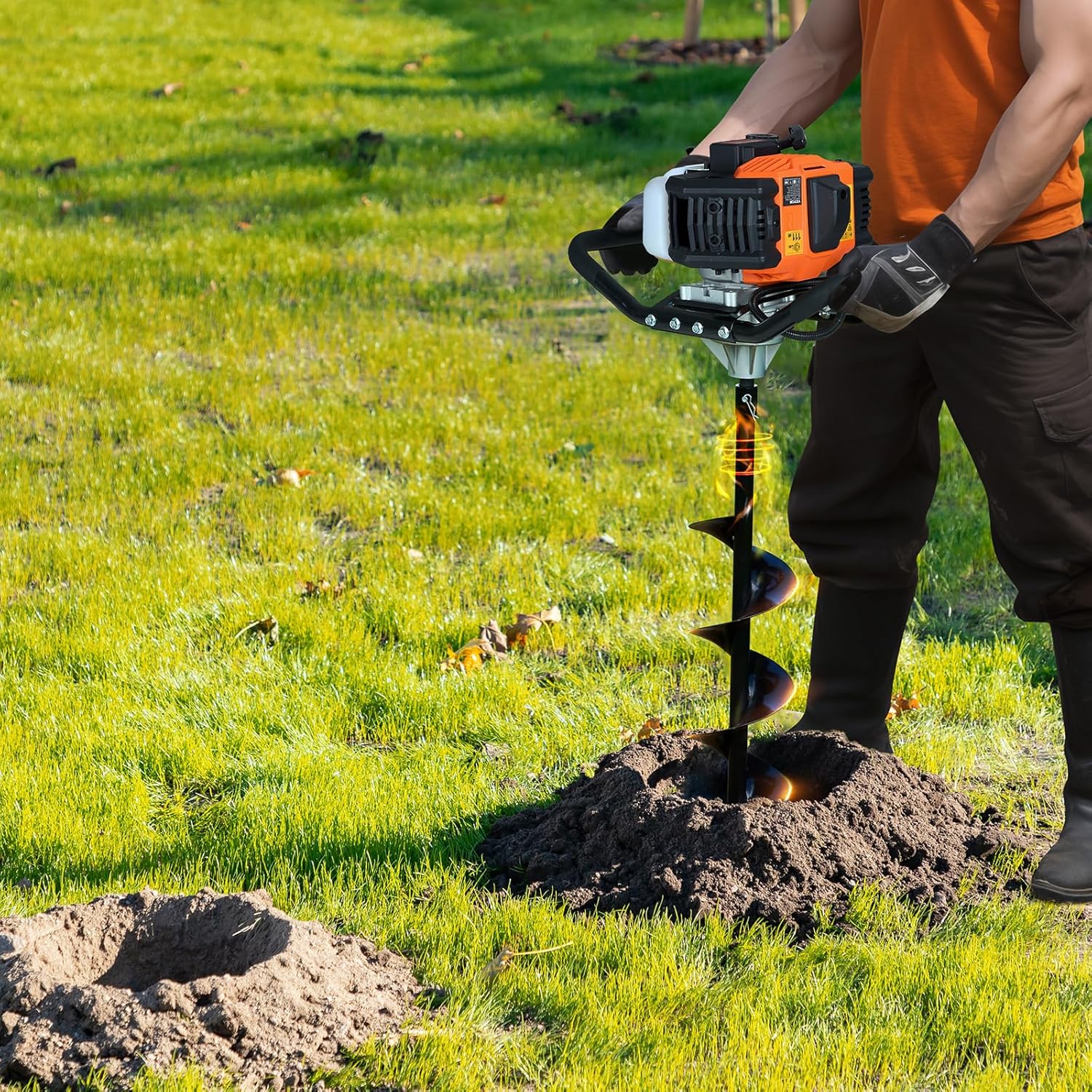 1450-watt gasoline engine electric drilling machine, equipped with 6-inch and 10-inch drill bits and 3 extension rods, suitable for drilling holes in fence posts of farmlands, gardens, and orchards. The color is orange and black.
