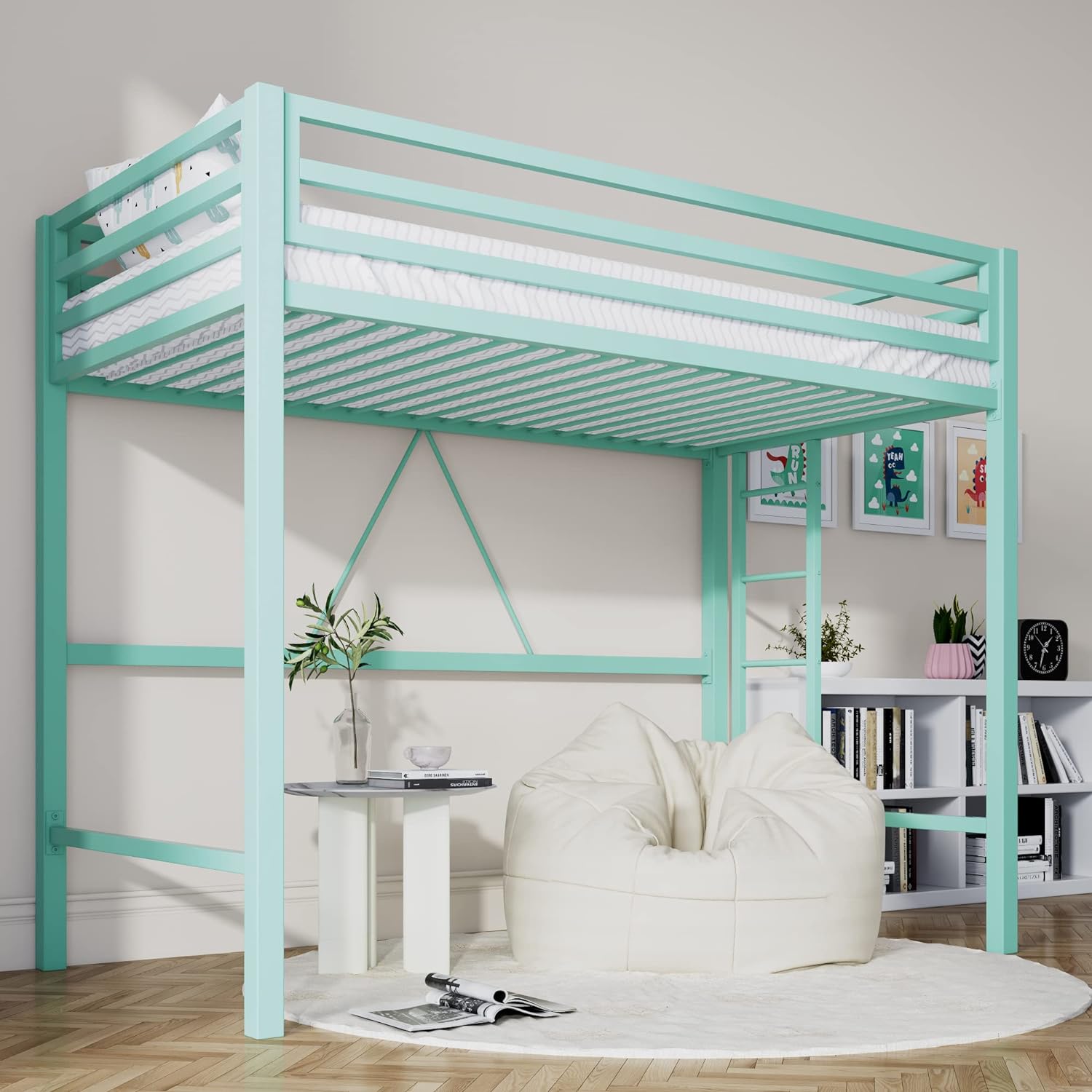 Loft Bed Twin Size with Ladder and Guardrail,Heavy Duty Metal Slats Support No Box Spring Needed Small Space Saving Furniture for Bedroom Dorm,Black