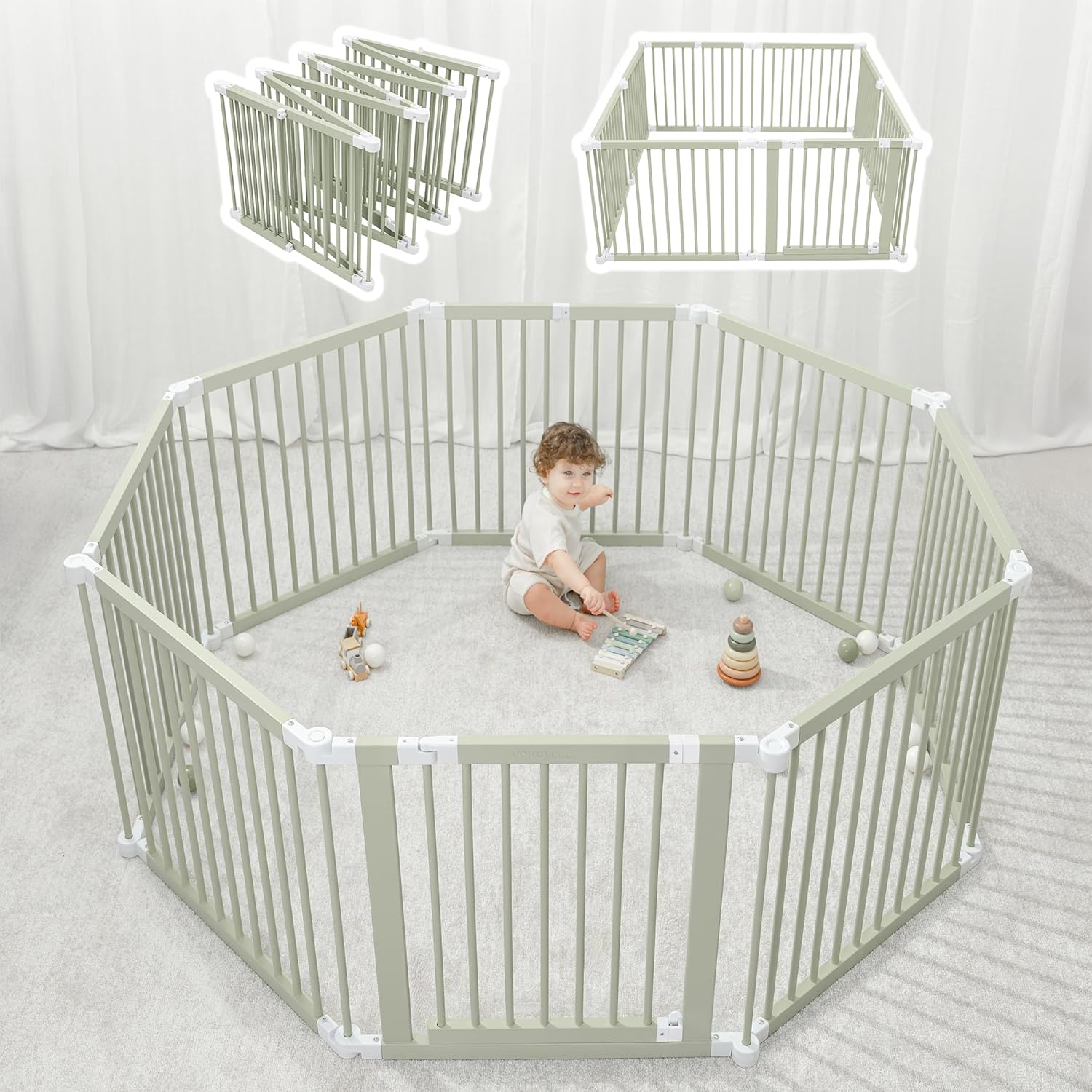 Baby Playpen & Gate - 144 x 144 x 63 cm, Extends Up to 579 cm - Pine Wood Foldable Playpen with Child-Proof Lock - Safe Play Fence Easy Assembly Baby Play Yard - Light Wood White