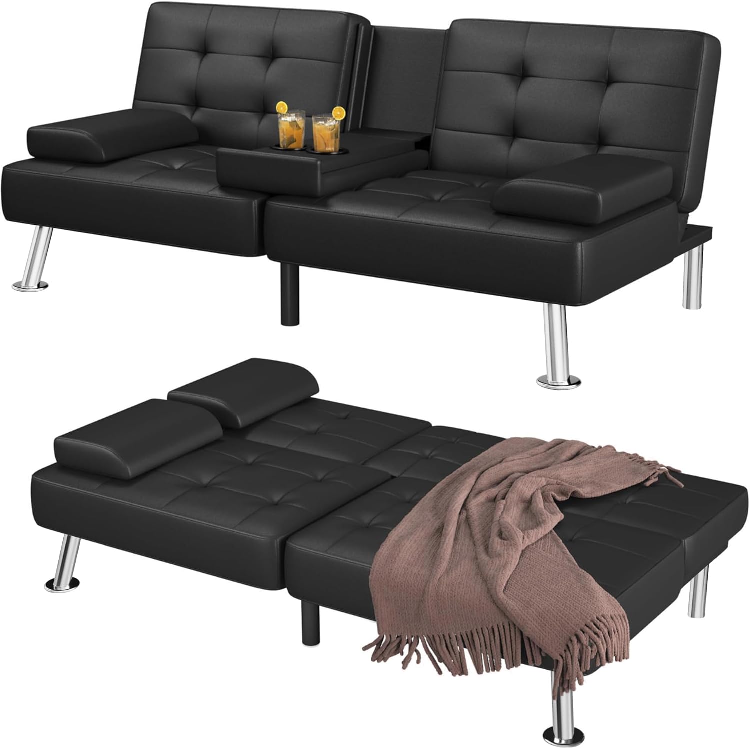 Futon Sofa Bed Convertible Folding Futon Set Modern Recliner Lounge for Small Room & Living Room with 2 Cup Holders, Removable Armrests (Artificial Leather, Black)