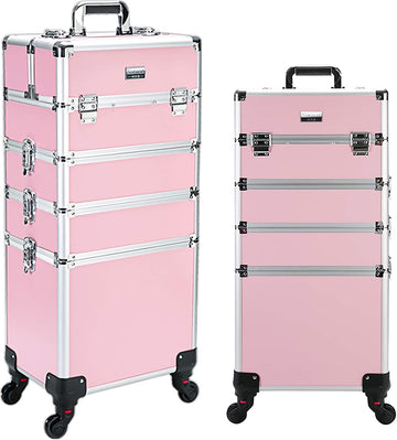 4 in 1 Professional Rolling Aluminum Cosmetic Makeup Train Organizer Storage Case Artist Train Case Salon Beauty Cosmetic Jewelry Organizer Trolley with 4 Wheels (All Black)