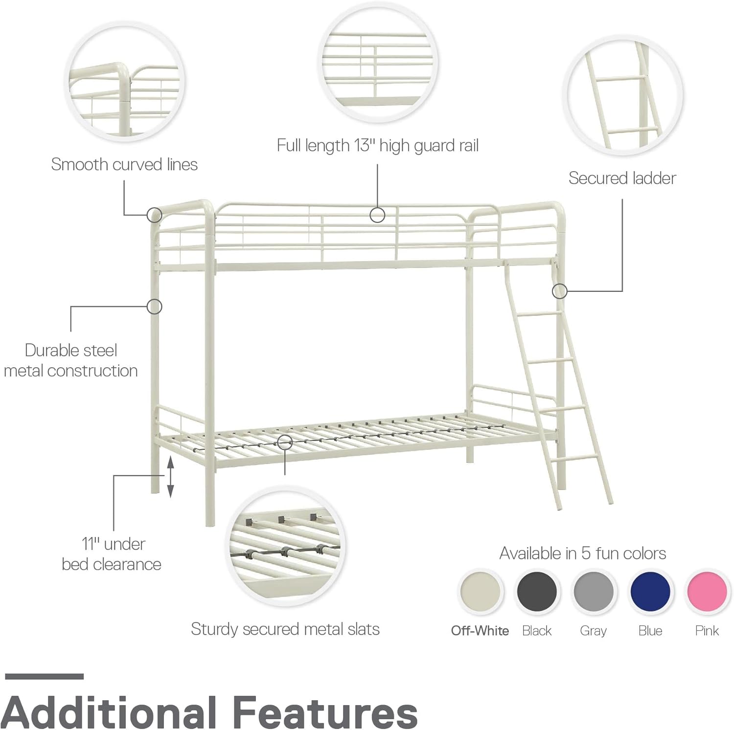 DHP Dusty Twin Over Full Metal Bunk Bed, Off White