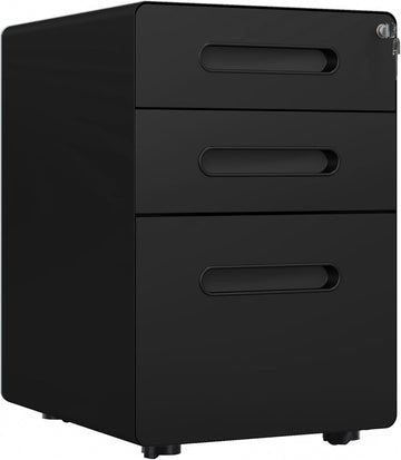 3 Drawer Vertical Filing Cabinet with Lock and Wheels, Under Desk Mobile File Cabinet for Legal, A4, Letter Size, Steel Frame for Home Office, Black
