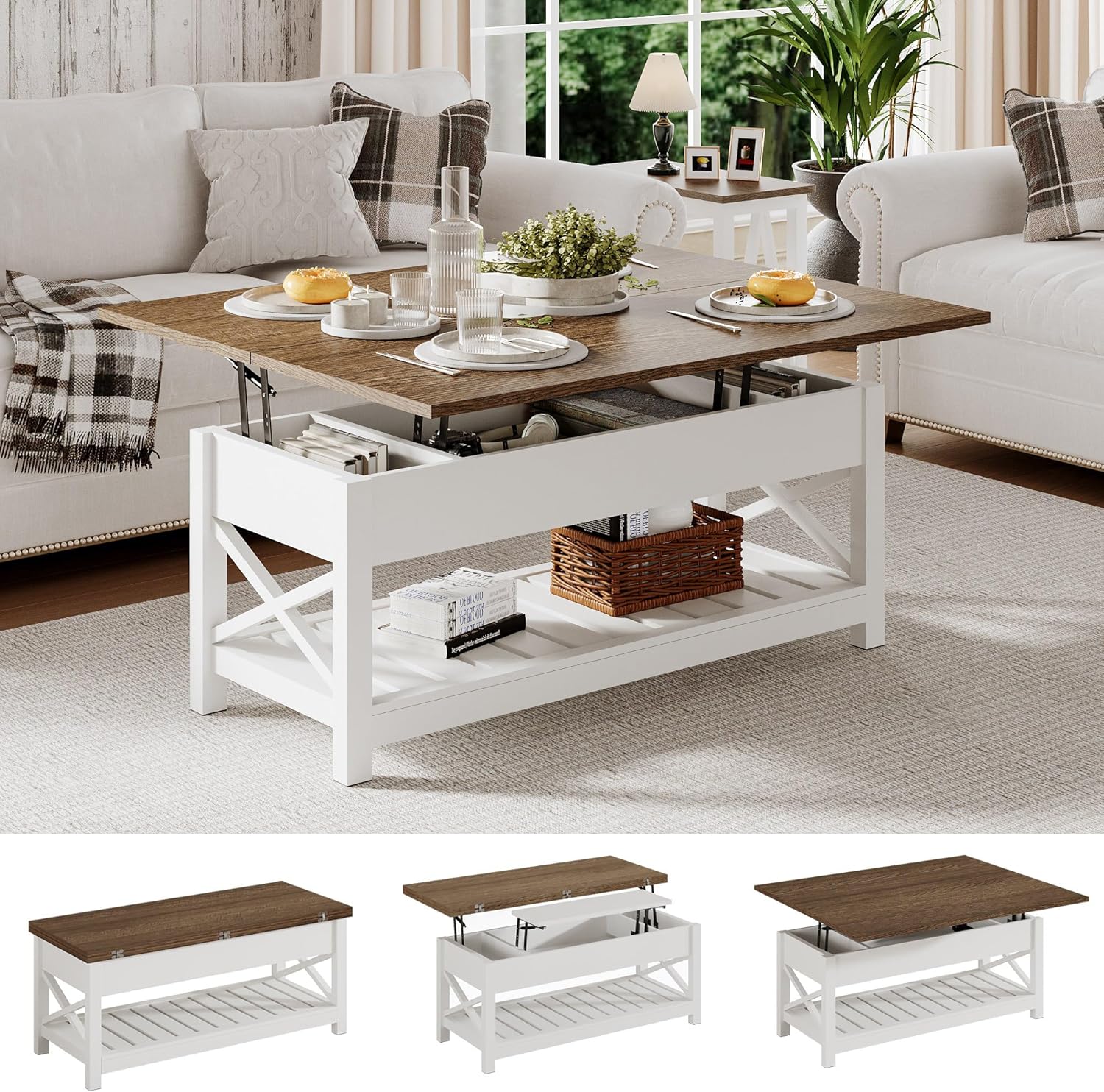 Multi-Function Convertible Coffee Table with Storage and Hidden Compartment, Converts to Dining Table, 40 White & Brown