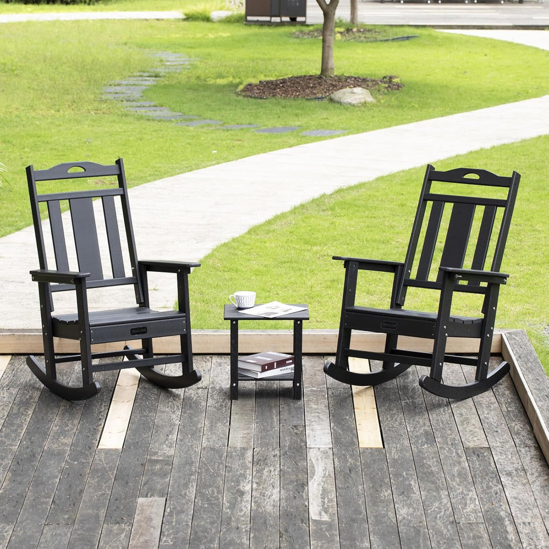 Outdoor Rocking Chairs Set of 2, HDPE All Weather Resistant Rocking Chair for Porch, Oversized Patio Rocker Chair for Adult, Outdoor Rockers for Garden Lawn