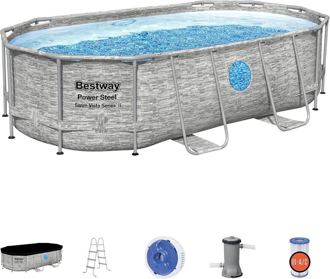 The robust steel swimming pool "Horizon Series II" - a 14 feet x 8 feet 2 inches x 39.5 inches outdoor above-ground pool package, equipped with a 530 liter/minute filtration pump, ladder and pool cover.