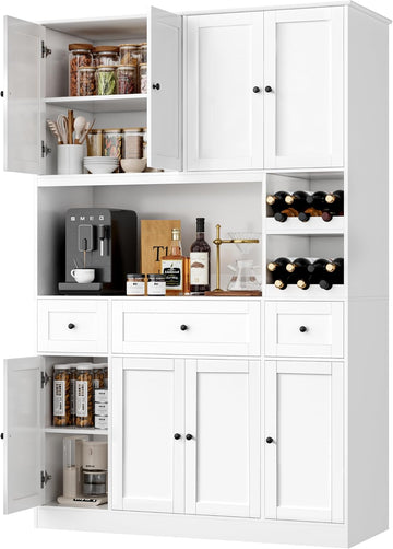 72" Tall Kitchen Pantry with Wine Rack, Pantry Cabinet with Microwave Stand, Large Hutch with Ample Storage, Hutch Cabinet for Kitchen, Dining, Living Room, White