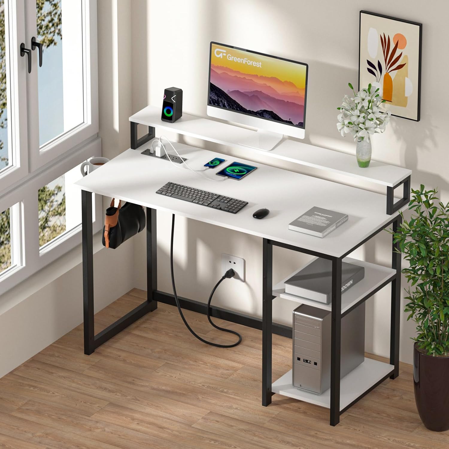 47 inch Computer Desk with Power Outlets, Small Home Office Desk with Ergonomic Monitor Stand, Reversible Gaming Desk, Modern Study Desk, Laptop Desk, White