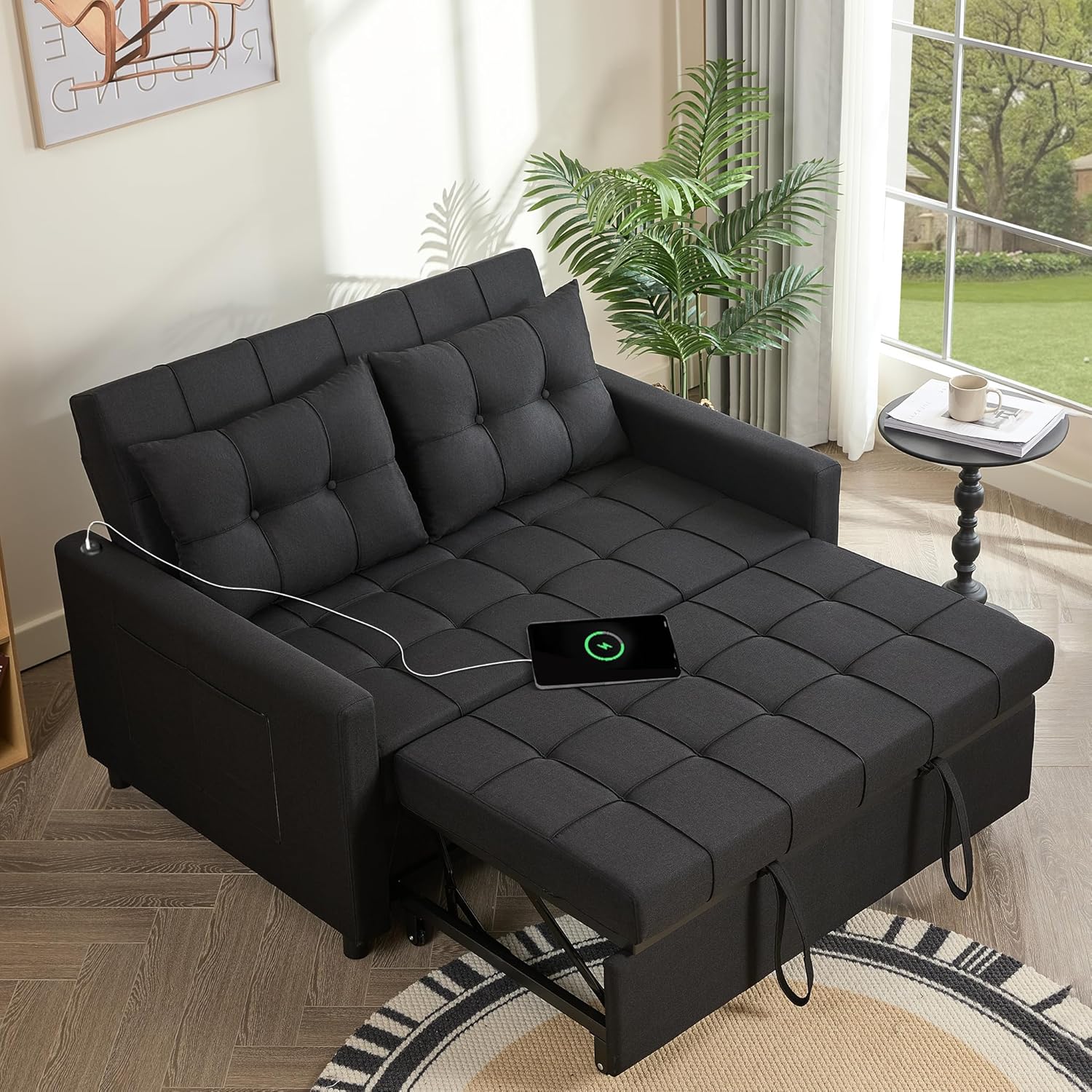 52" Sleeper Sofa with Pull-Out Bed, 3-in-1 Convertible Sofa Bed, Loveseat with Adjustable Backrest and Side Pocket, for Living Room Apartment, Linen, Dark Grey