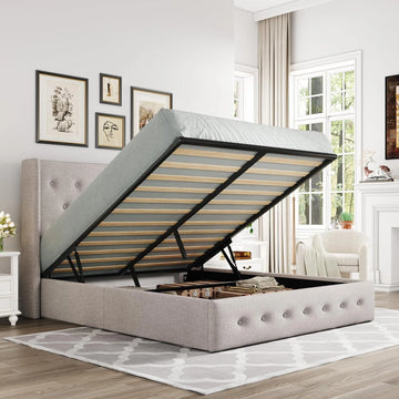 Queen Size Lift Up Storage Bed, Modern Wingback Headboard, Hydraulic Support, No Box Spring Needed, Light Beige