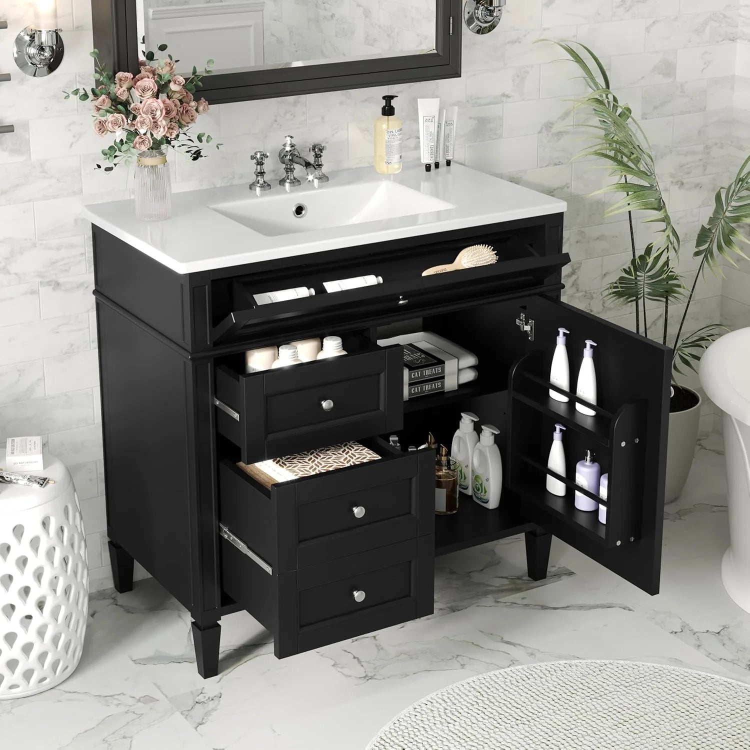 36" Bathroom Vanity with Single Sink Combo, Modern Undermount Bathroom Sink Cabinet with 2 Drawers and a Tip-Out Drawer, Freestanding Bathroom Vanities, Soft Closing, Solid Wood Frame