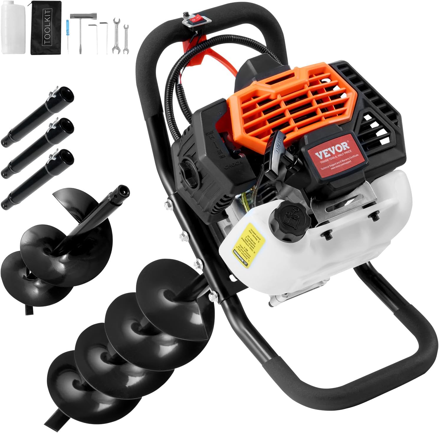 1450-watt gasoline engine electric drilling machine, equipped with 6-inch and 10-inch drill bits and 3 extension rods, suitable for drilling holes in fence posts of farmlands, gardens, and orchards. The color is orange and black.
