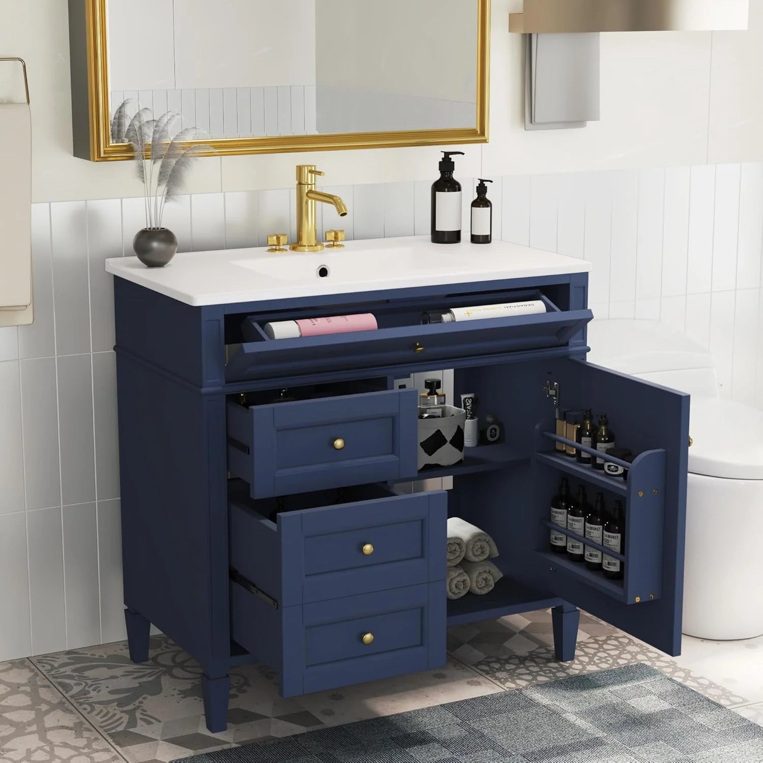 36" Bathroom Vanity with Single Sink Combo, Modern Undermount Bathroom Sink Cabinet with 2 Drawers and a Tip-Out Drawer, Freestanding Bathroom Vanities, Soft Closing, Solid Wood Frame