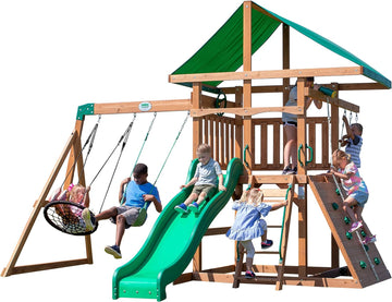 A complete set of wooden mountain-style swings, equipped with a colorful canvas sunshade, a wave slide, a rope swing, a net swing, and a rock wall with climbing ropes and ladders.