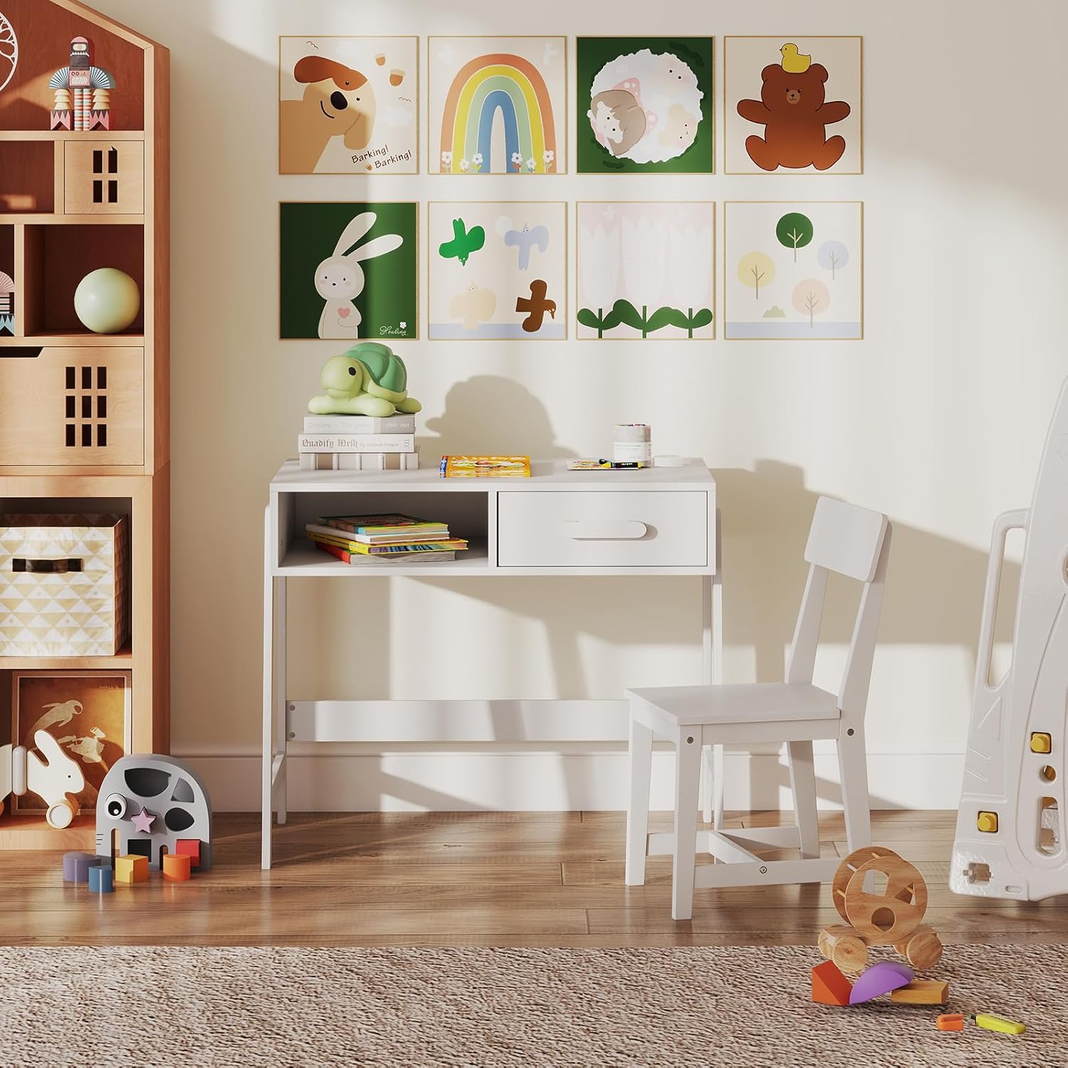 Kids Desk and Chair Set, Wooden Children School Study Table and Chair w/Storage Drawer & Hutch, Student Writing Desk Computer Workstation for Bedroom, Gift for 3+ Years Old (White)