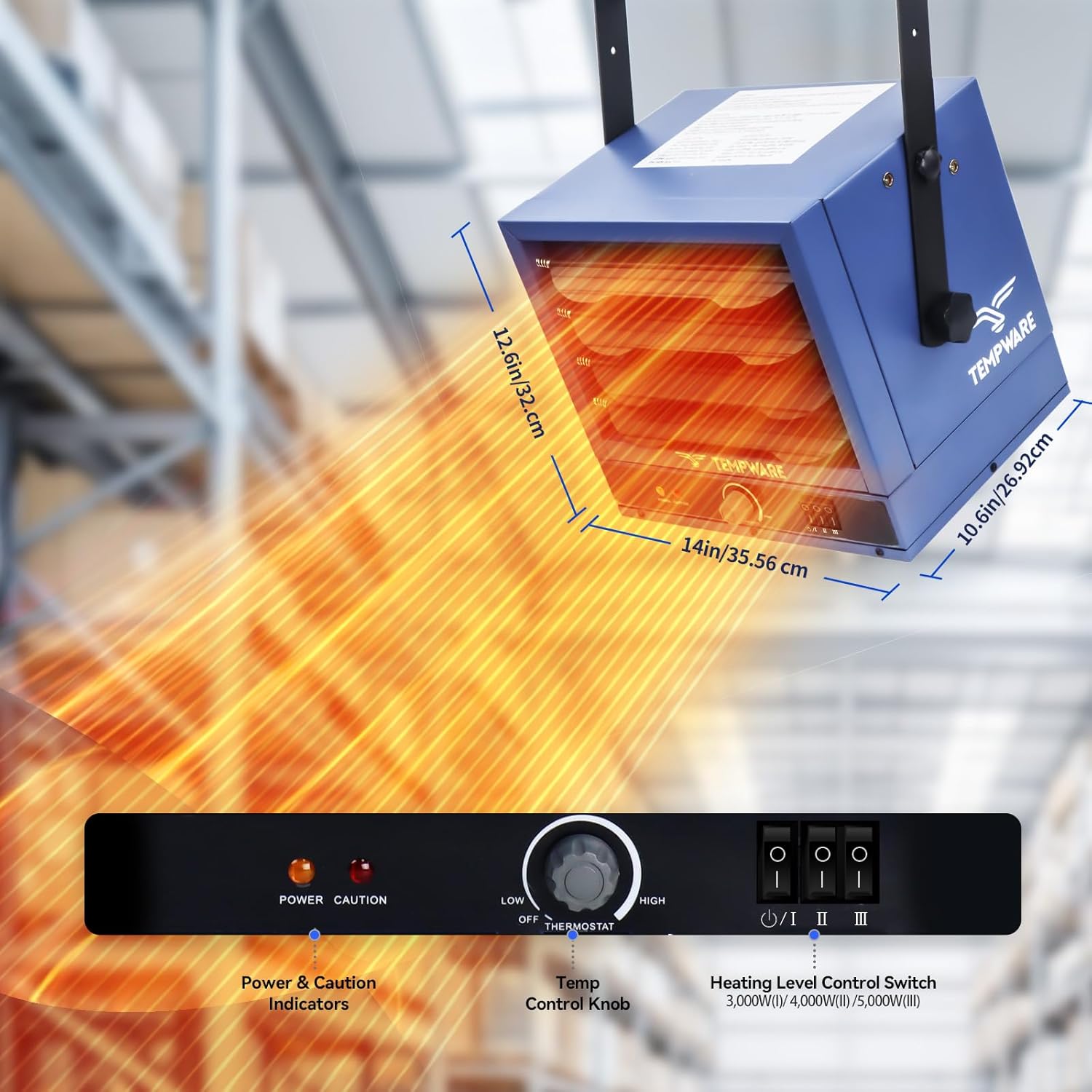 Electric Garage Heater, 7500-Watt Digital Fan-Forced Ceiling Mount Shop Heater with Full-Function Remote, 240-Volt Hardwired 12-Hour Timer, Ideal for Workshop Blue