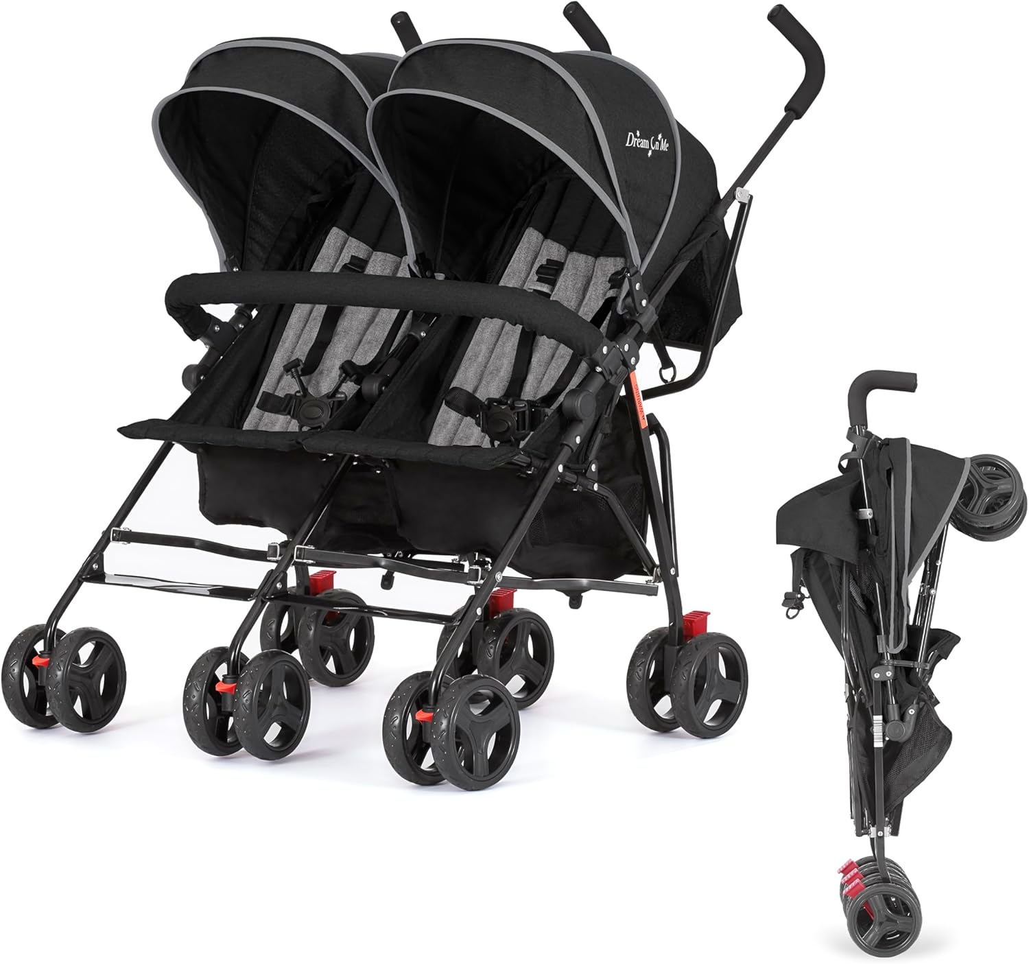 Twin Umbrella Stroller in Black, Lightweight Double Stroller for Infant & Toddler, Compact Easy Fold, Large Storage Basket, Large and Adjustable Canopy