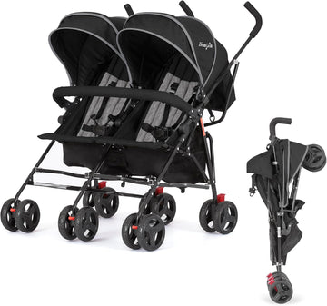 Twin Umbrella Stroller in Black, Lightweight Double Stroller for Infant & Toddler, Compact Easy Fold, Large Storage Basket, Large and Adjustable Canopy