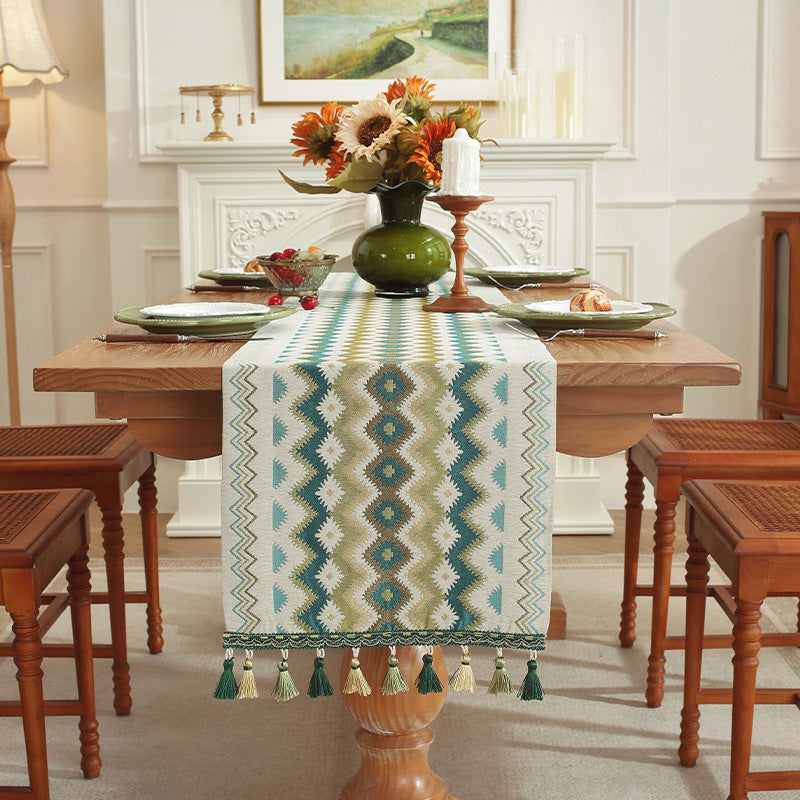 Geometric Table Runner with Tassels Polyester
