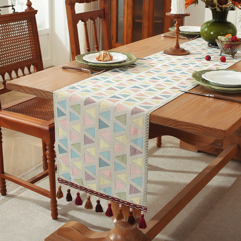 Geometric Table Runner with Tassels Polyester