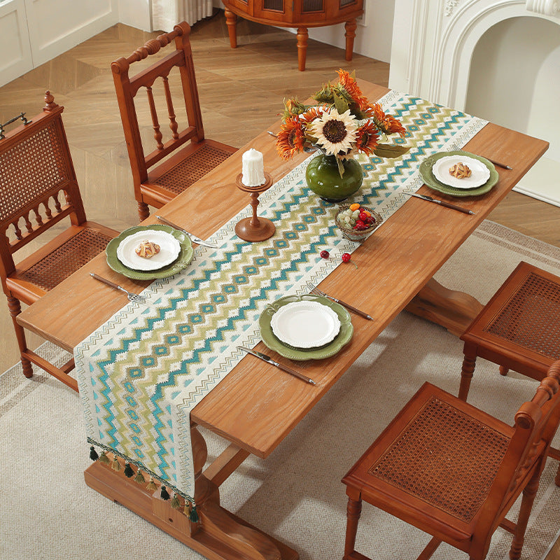 Geometric Table Runner with Tassels Polyester