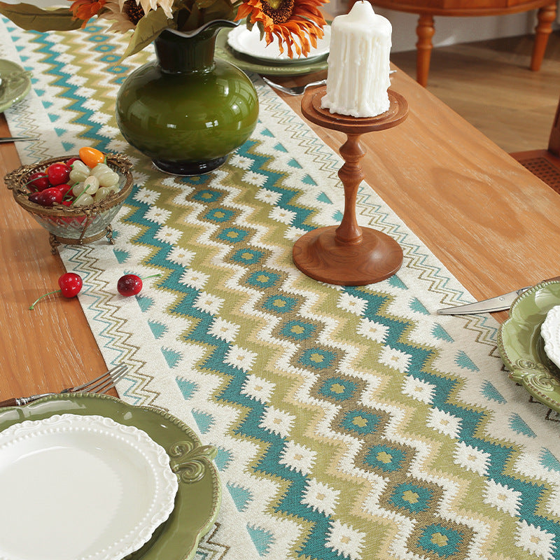 Geometric Table Runner with Tassels Polyester