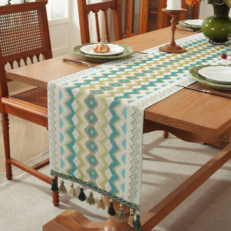 Geometric Table Runner with Tassels Polyester