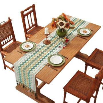 Geometric Table Runner with Tassels Polyester