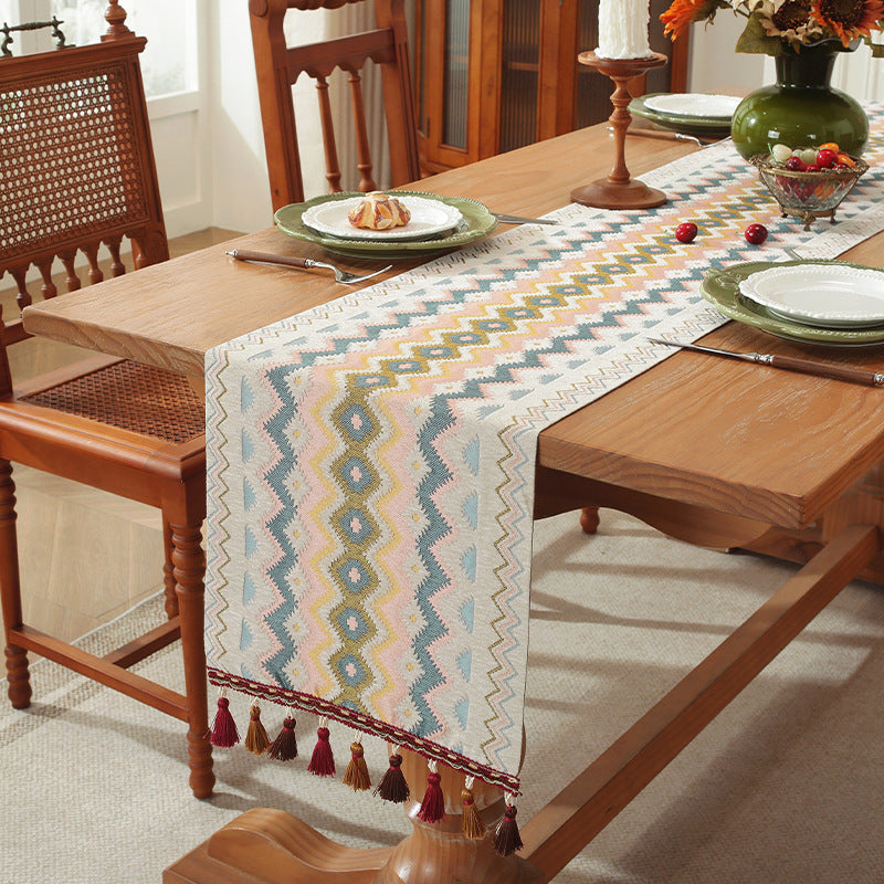 Geometric Table Runner with Tassels Polyester