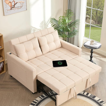 52" Sleeper Sofa with Pull-Out Bed, 3-in-1 Convertible Sofa Bed, Loveseat with Adjustable Backrest and Side Pocket, for Living Room Apartment, Linen, Dark Grey