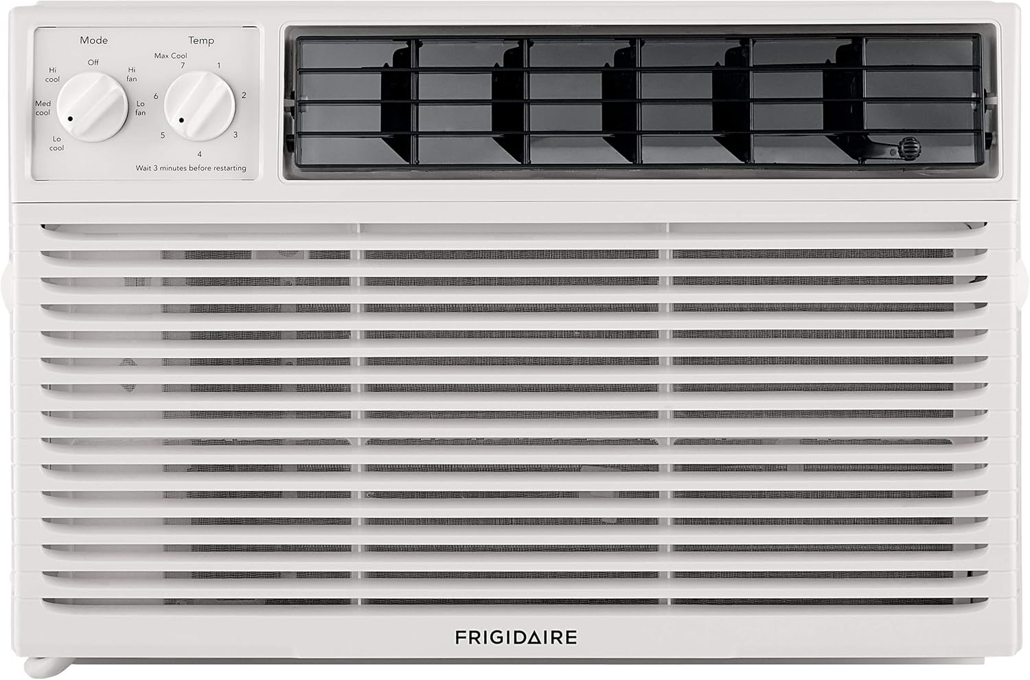 5000-watt window air conditioner, with a cooling area of 250 square feet, operates quietly, has easy and convenient temperature adjustment, 2 fan speeds, automatic restart function, and a white appearance