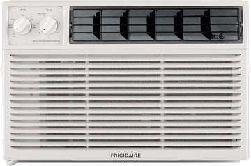 5000-watt window air conditioner, with a cooling area of 250 square feet, operates quietly, has easy and convenient temperature adjustment, 2 fan speeds, automatic restart function, and a white appearance