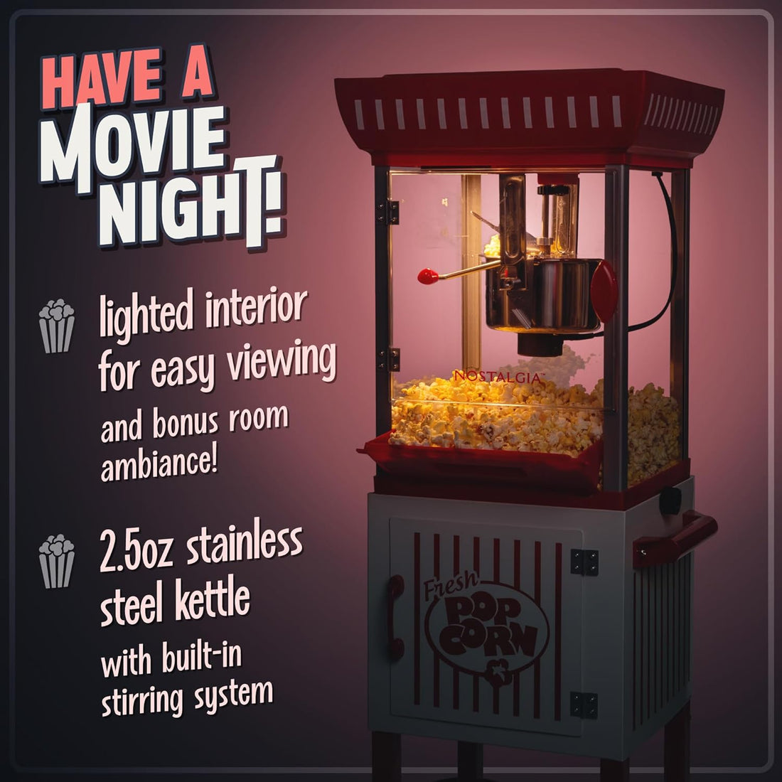 Popcorn Maker Machine - Professional Cart With 2.5 Oz Kettle Makes Up to 10 Cups - Vintage Popcorn Machine Movie Theater Style - Red & White