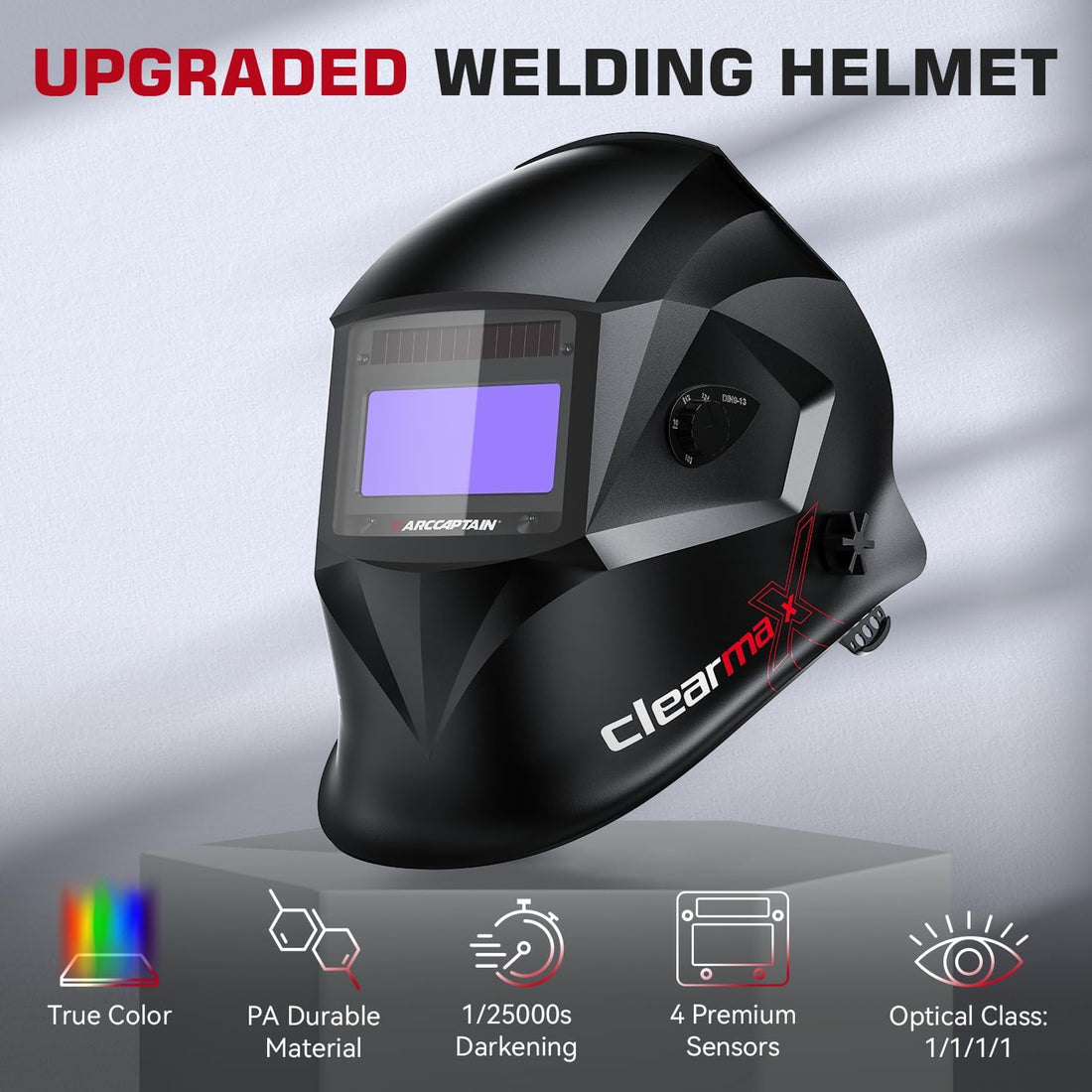Welding Helmet Auto Darkening, True Color Solar Powered Welding Mask with 4 Arc Sensor, 1/1/1/1 Optical Clarity and Adjustable Shade 4/9-13 Welder Helmet