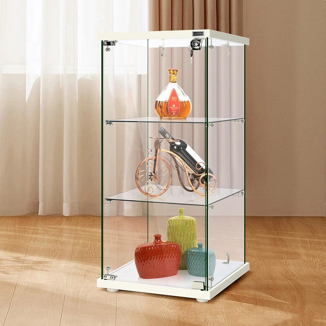 4 Layers 15.7''W x 15.7''D x 62.6''H Glass Display Cabinet Countertop Showcase with Lock, 5mm Tempered Glass 25mm MDF Base