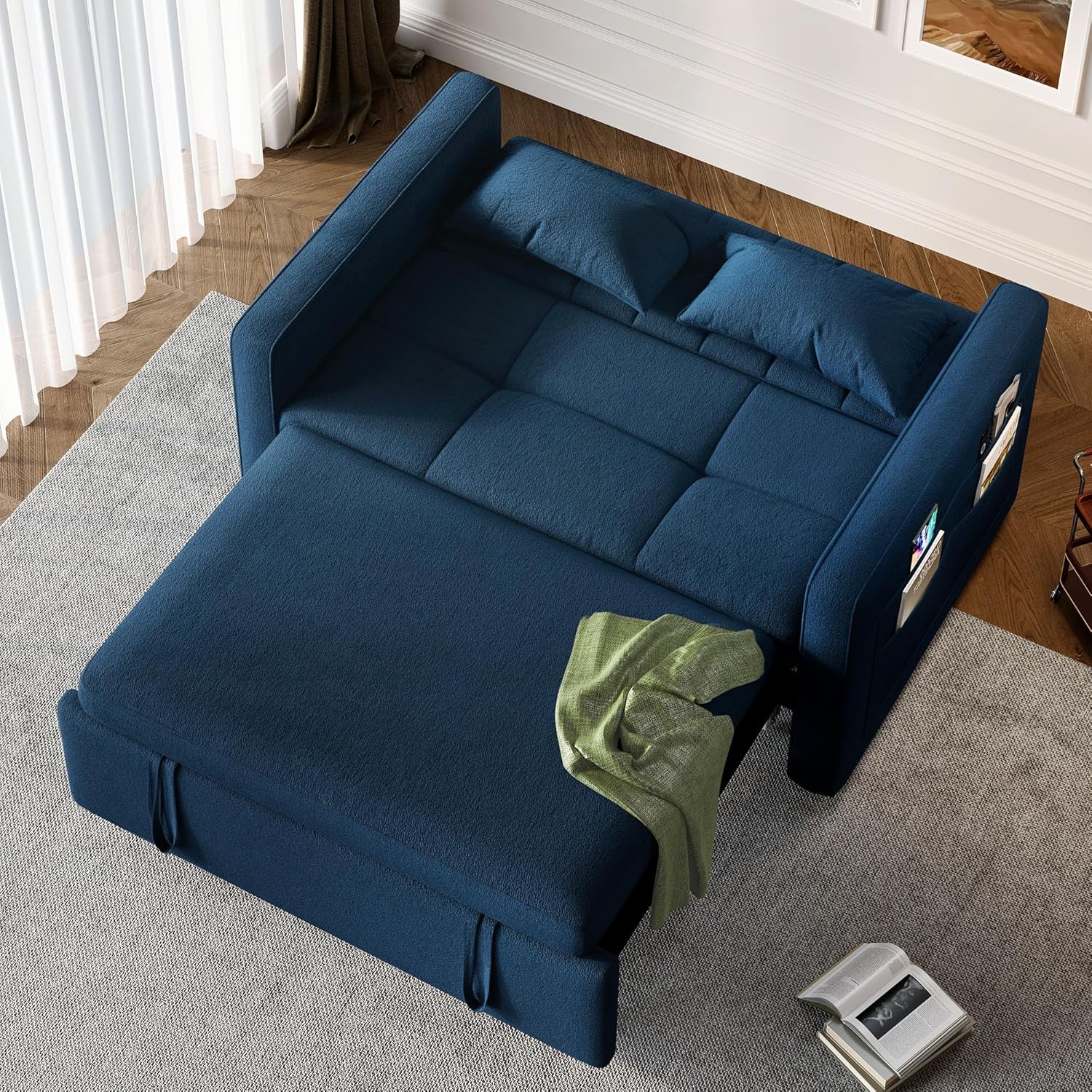 3-in-1 Convertible Sofa Bed, 55" Sleeper Sofa with Pull-Out Bed, Cat-Scratch-Proof Fabric Futon Couch with Adjustable Backrest and Side Pocket, Loveseat for Living Room Apartment, Grey